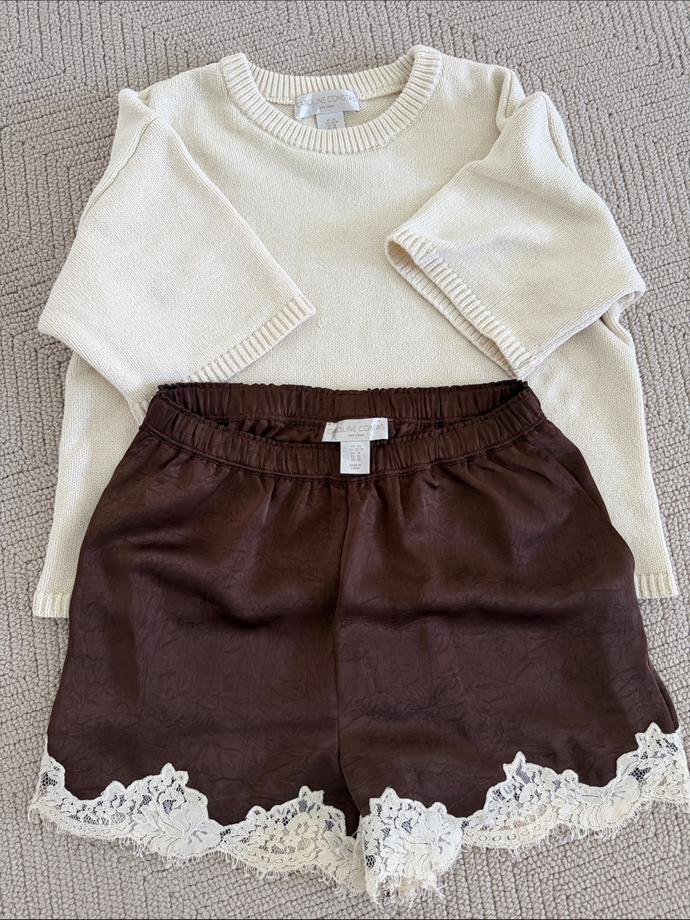 Caroline Constas Cream Top with Brown Lace-Trim Shorts